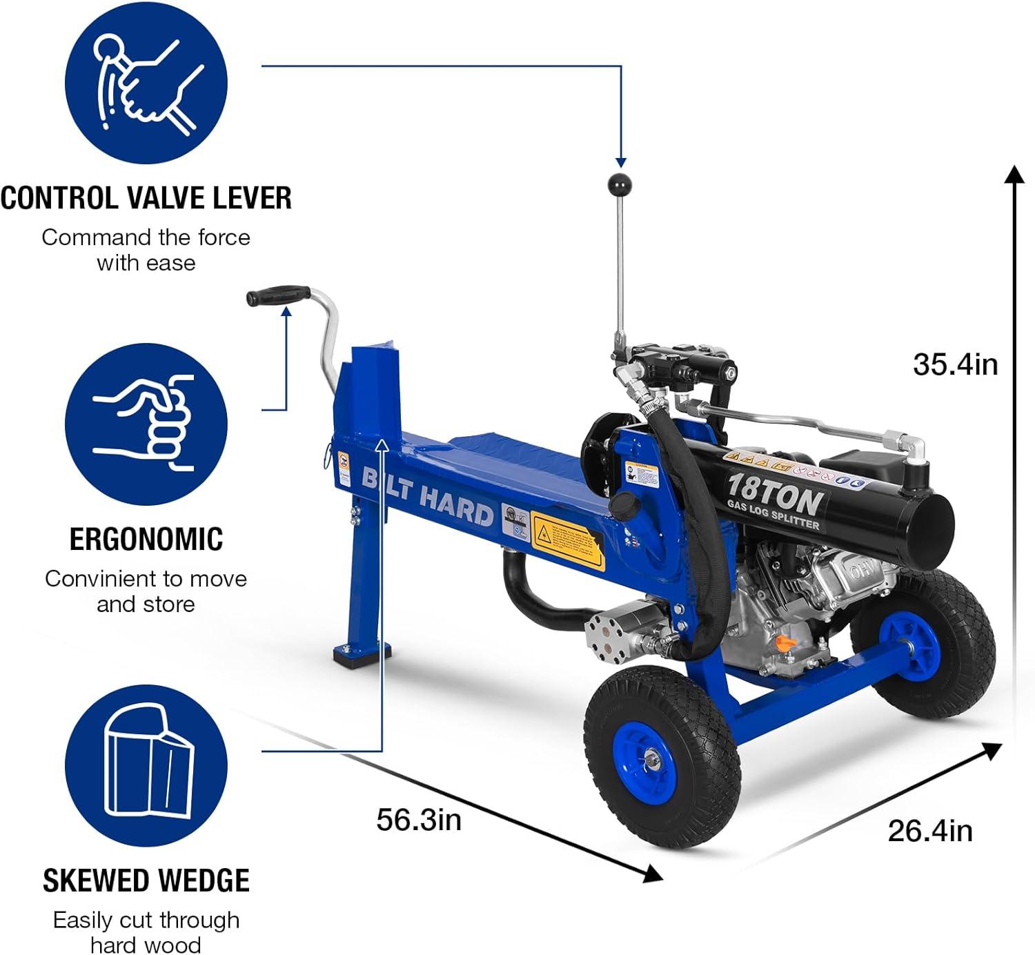 imageBILT HARD 18Ton Portable Gas Log Splitter Rapid Auto Return Ram System with 2Stage Hydraulic Gear Pump Wood Splitter with 7 HP 209cc Engine Horizontal Full Beam Steel Wedge Firewood Splitting
